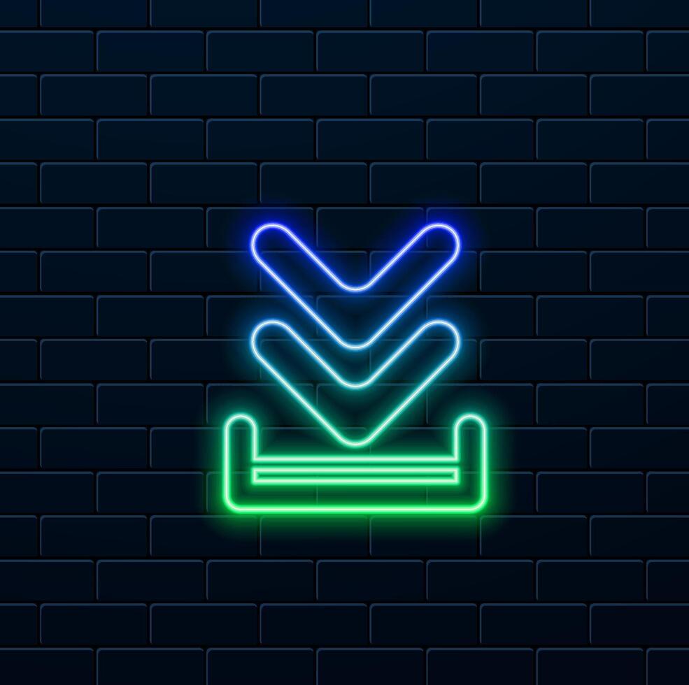 3D download button icon. neon style. Upload icon. Symbol of the bottom side of the down arrow. Click here button for UI UX vector