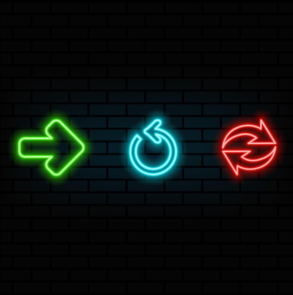 arrow set. neon style arrows icons. various models. in blue, green and red. vector