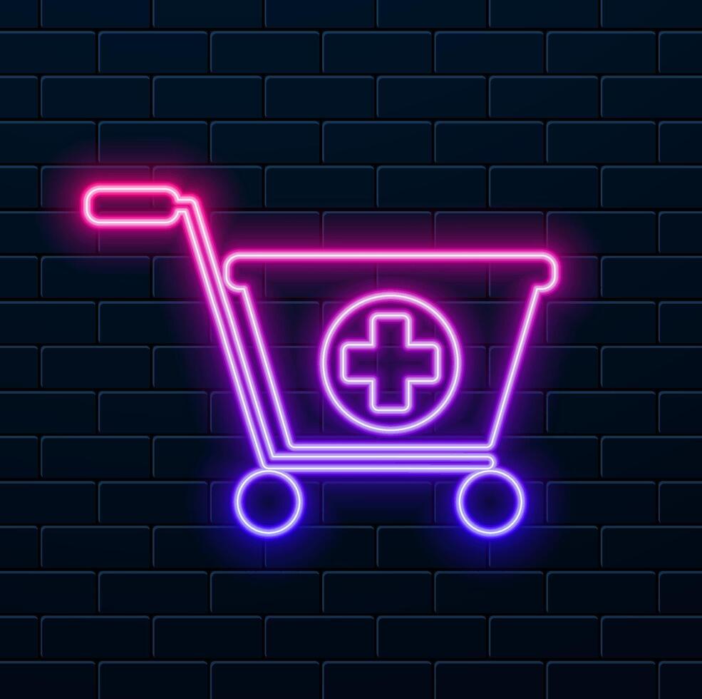 Glowing neon add to shopping cart icon isolated on brick wall background. Online shopping concept. Delivery service sign. Supermarket basket symbol. vector