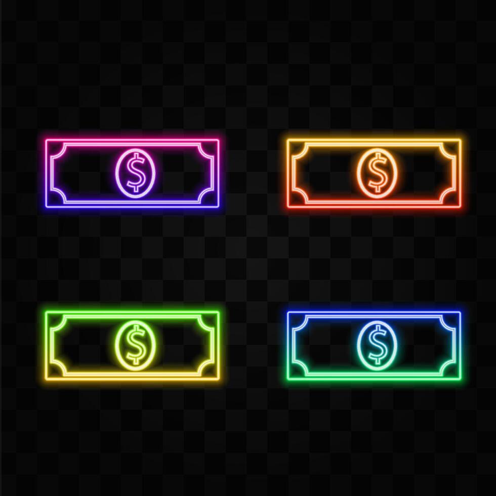 a one dollar bill. neon style. dollar bill. set of dollar bills. vector