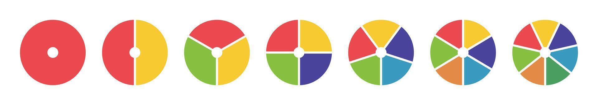 Donut chart icons. Pies segmented on from 1 to 7 equal parts. Wheels divided in sections. Diagrams infographic multicoloured. Circle section graphs. Loading bar mockup. Pizza chart round icons layout. vector