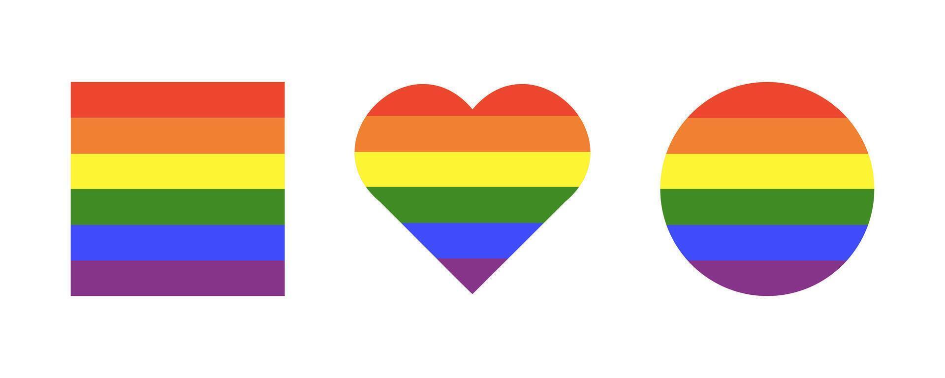 Rainbow lgbt flags. Gay pride frames. Progress Logo symbol. LGBT square, heart, circle icons. Stickers in rainbow colors. Round, heart, rectangular badge, button, backdrops, mockups. Template design. vector