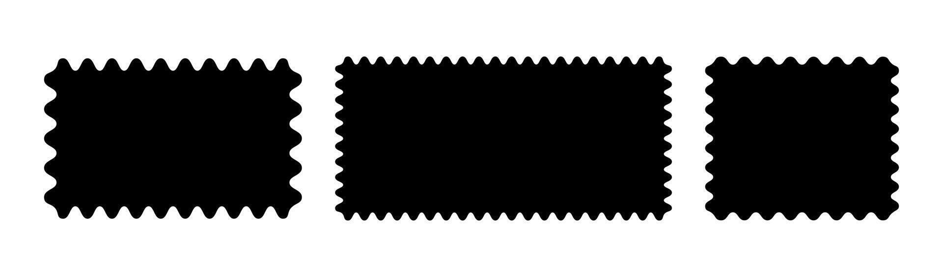 Black backdrops. Rectangular patterns with squiggly borders. Doodle wave curve edge frame mockup. Minimal tag, empty text box, label, stamp, cracker, coupon with curvy, squiggly, wiggly, wavy edges. vector