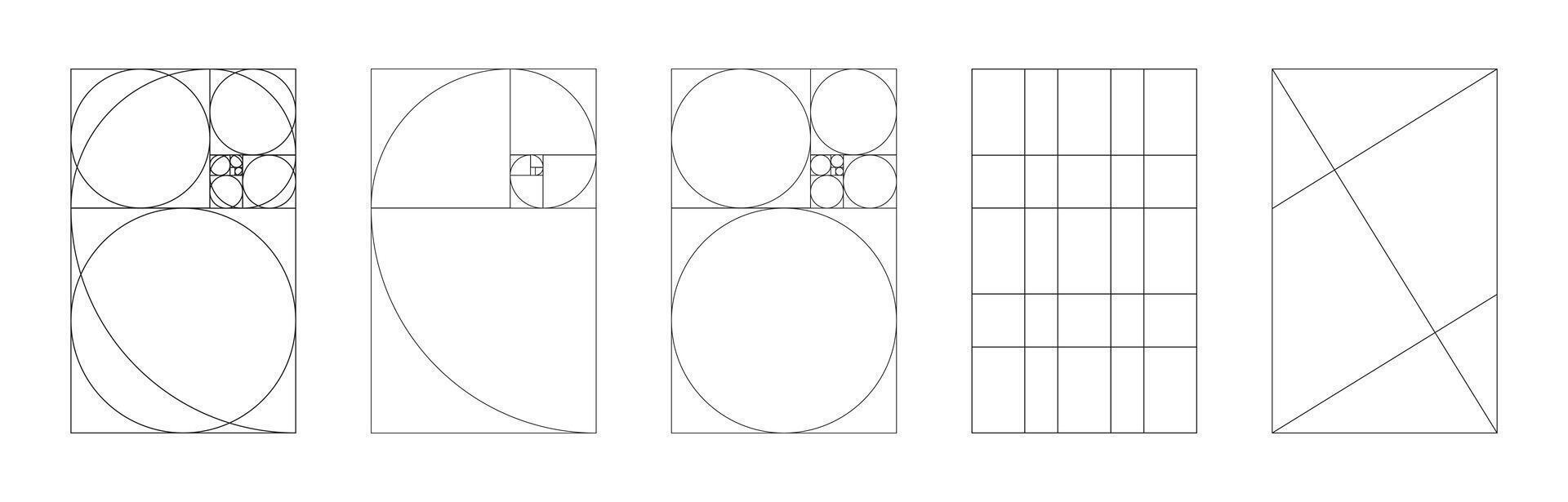 Golden ratio template. Method golden section pattern. Fibonacci array, numbers frames. Harmony proportions shapes. Outline graphic mockup. vector