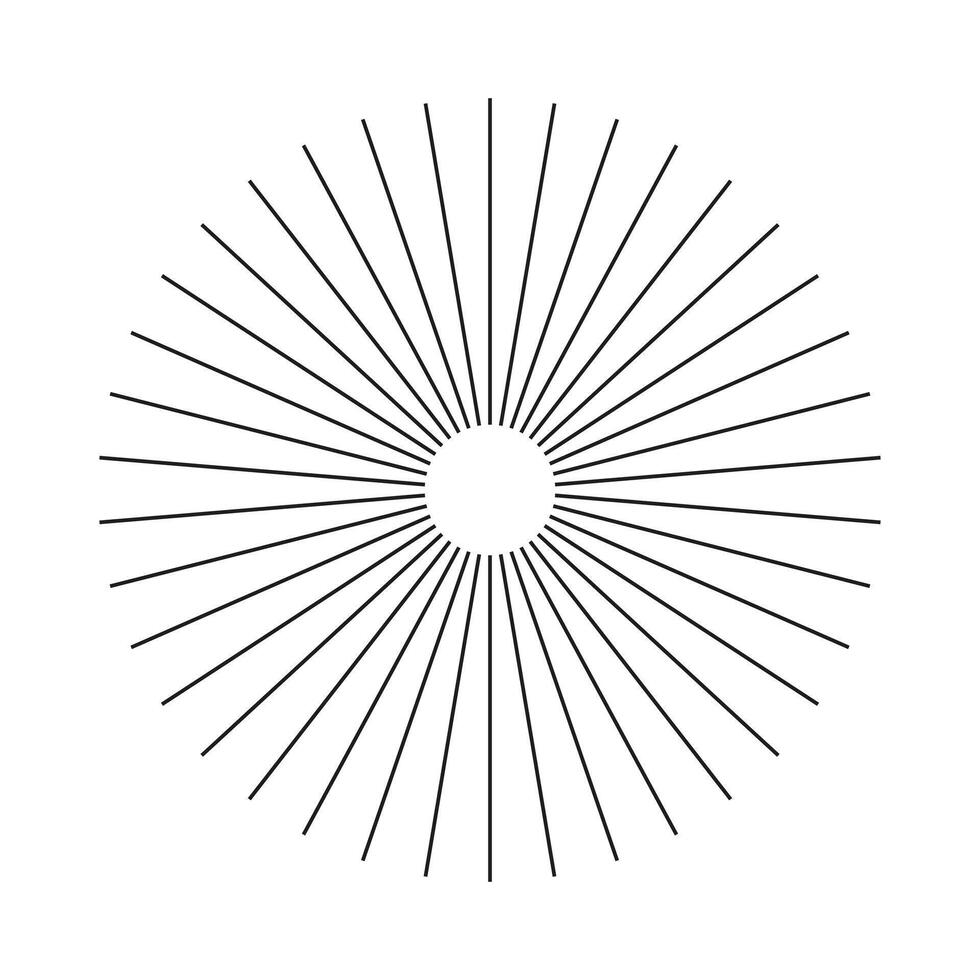 Sunburst element. Starburst radial stripes. Ray, beam. Radial circle lines. Circular burst icon. Symbol of Sun star rays. Spokes with radiating stripes. Abstract geometric minimal shape. Flat pattern. vector