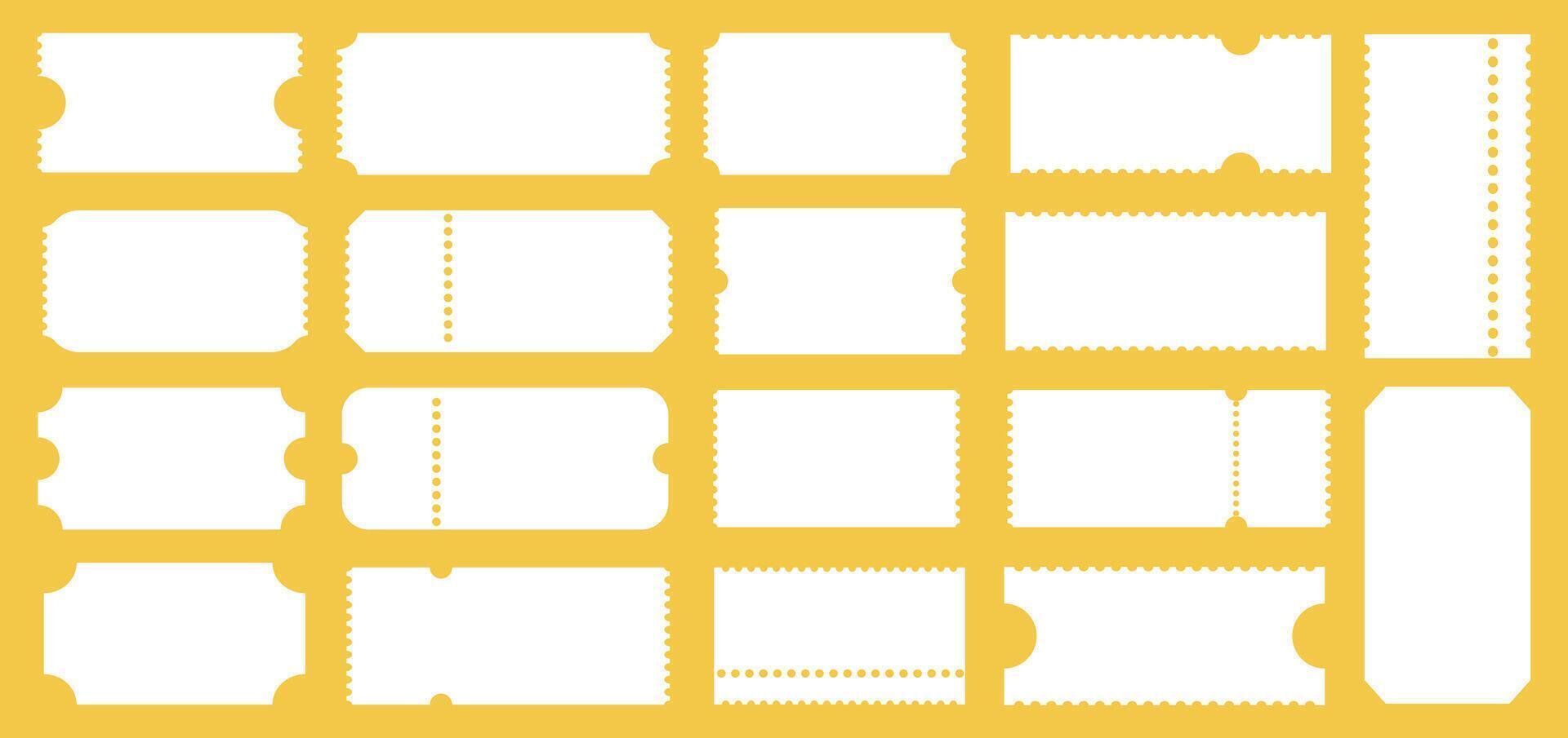 Set of white admit one tickets mockups. Empty flat template. Ticket pattern for cinema, circus, theater, festival, casino, club. Boarding simple blank, lottery, sale minimalist coupon. vector