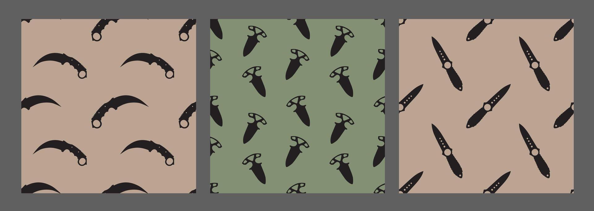 Set of 3 seamless patterns silhouettes of karambit knives, dagger on a green background. For backgrounds, backdrops, printing on fabric and textiles in military style vector