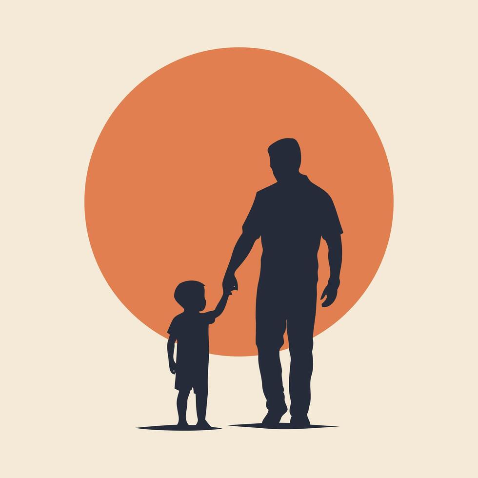 illustration of a father and child silhouette holding hands, single-color background, warm tones, clean and modern vector
