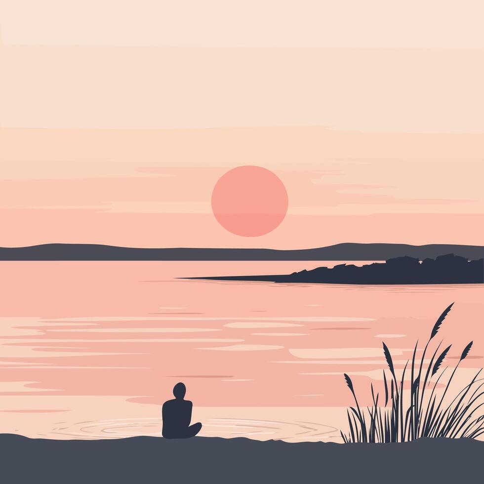 Illustration of a late summer sunset with soft orange and pink hues in the sky and a silhouette of a person relaxing by the water vector