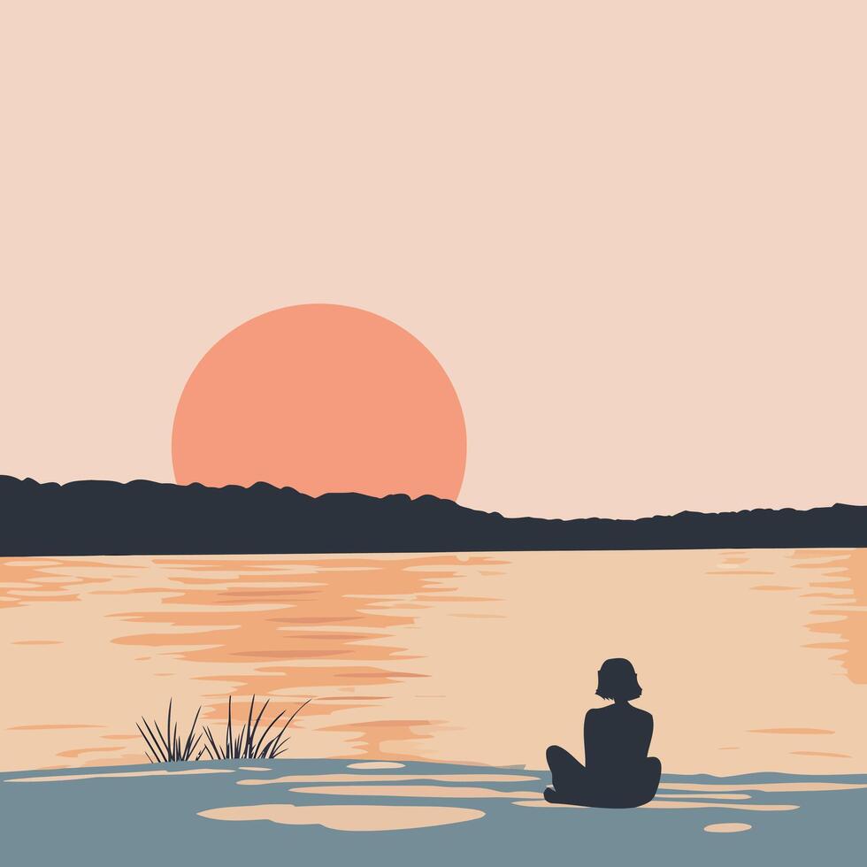Illustration of a late summer sunset a silhouette of a person relaxing by the water vector