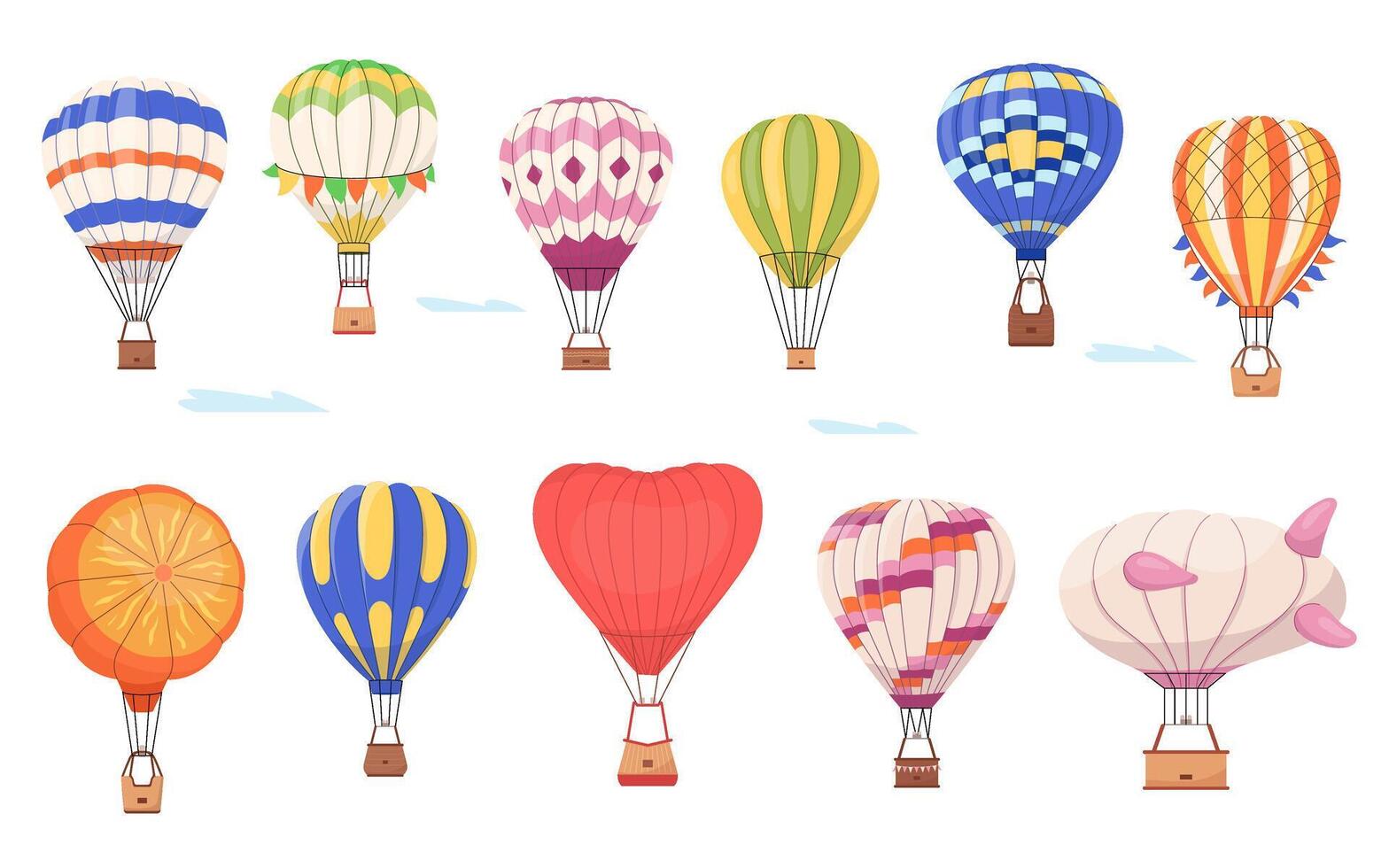 Hot air balloons set Flying dirigibles and other baloon with flags, design elements for decorating invitations to show. Collection aerial travel tourist transport with basket. Flat illustration vector
