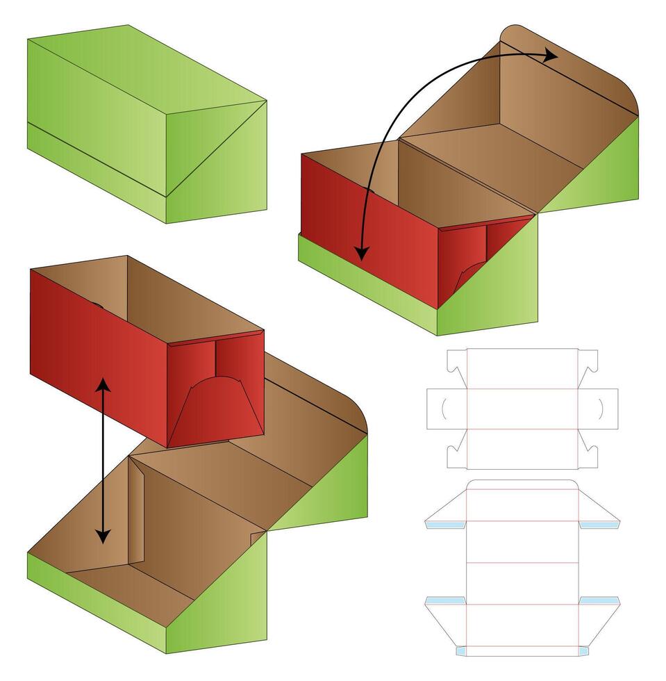 green, red Box packaging die cut template design. 3d mock-up vector