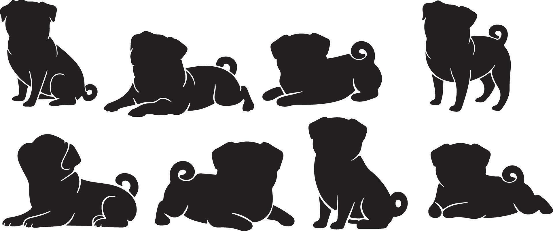 Black set Pug silhouettes vector