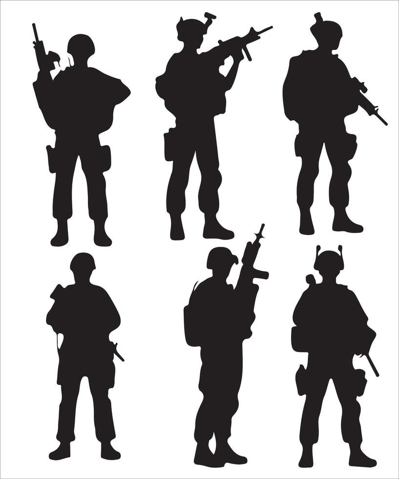 Soldier and army force silhouettes set isolated flat illustration on white background vector