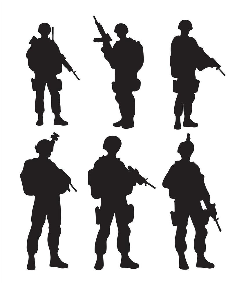 army silhouette illustration Design on White Back. Silhouette of American soldier. Soldiers silhouette , a simple designed military man in black and white, a warrior in the war. vector