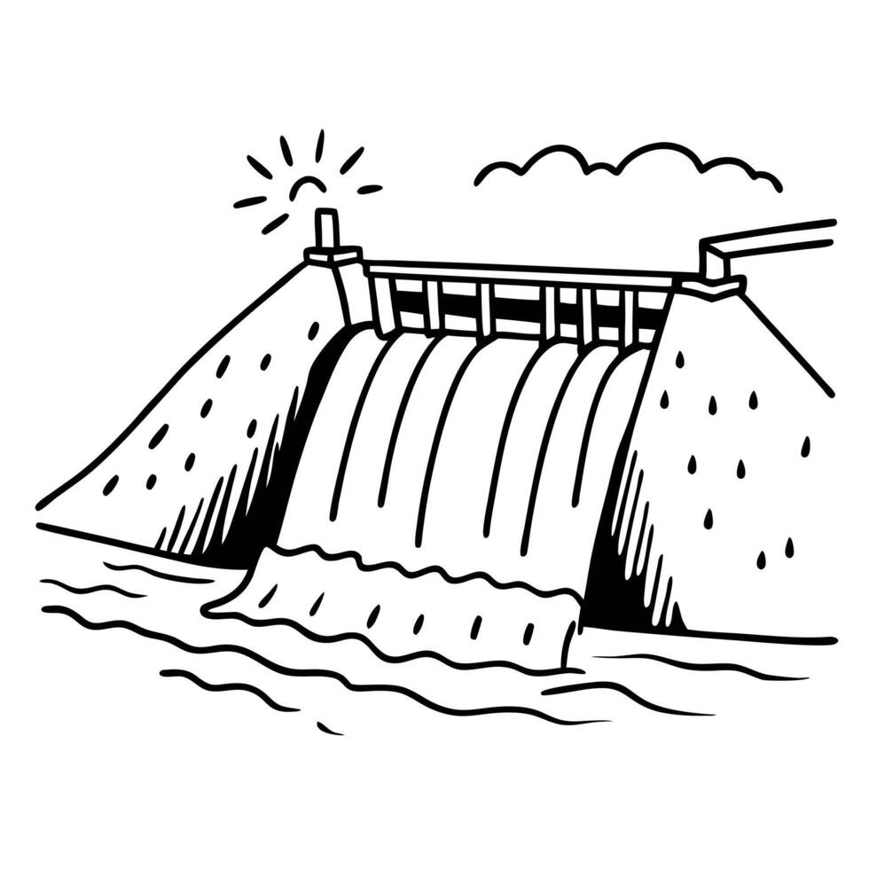 Hand Drawn Hydroelectric Dam Illustration with Flowing Water and Cloudy Sky vector
