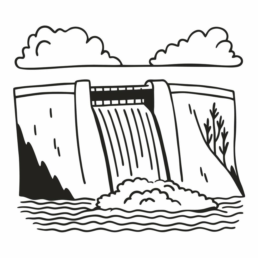 Monochrome Drawing of a Dam with Flowing Water and Clouds vector