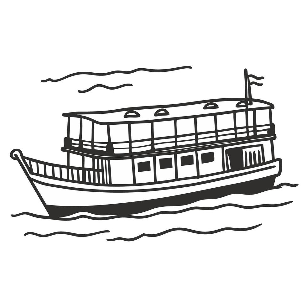 Vintage Hand Drawn Boat Illustration with Waves and Sky Elements vector
