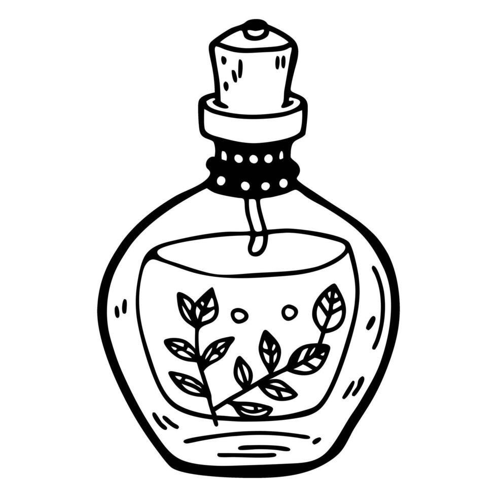 Hand Drawn Glass Bottle with Floral Elixir and Cork Stopper Illustration vector