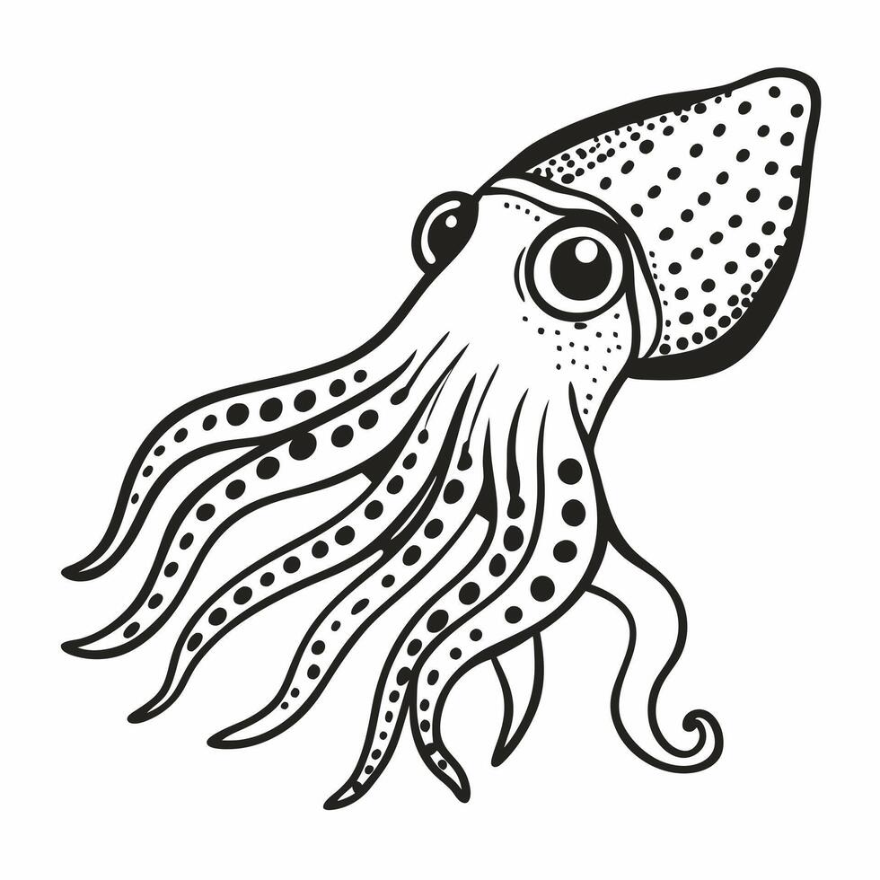 Monochrome Hand Drawn Squid Illustration with Detailed Tentacles and Dotted Patterns vector