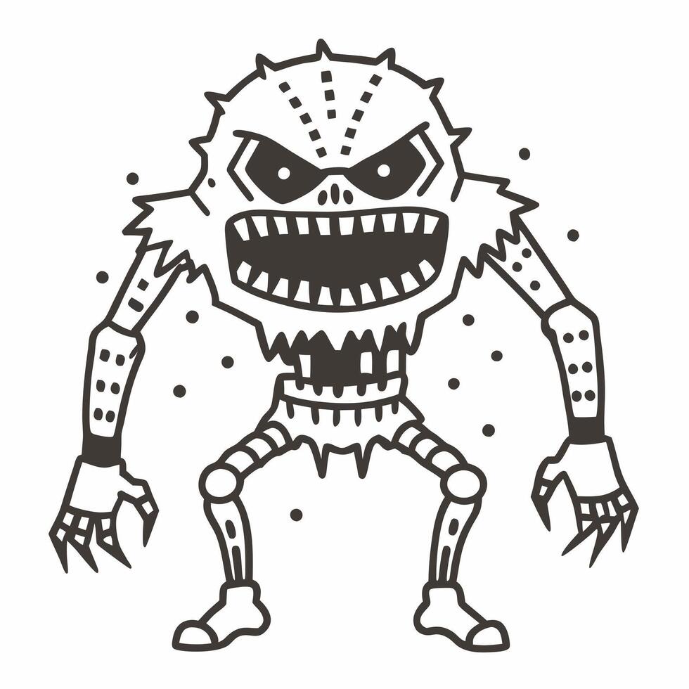 Spooky Monster Doodle in Black and White with Spiky Hair and Grinning Face vector