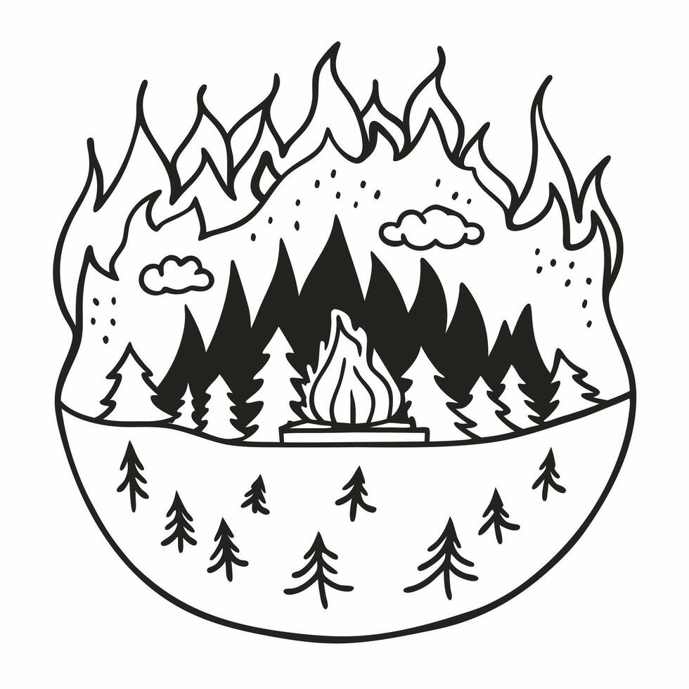 Line Art Forest Conservation Symbolic Illustration of Trees and Flames vector