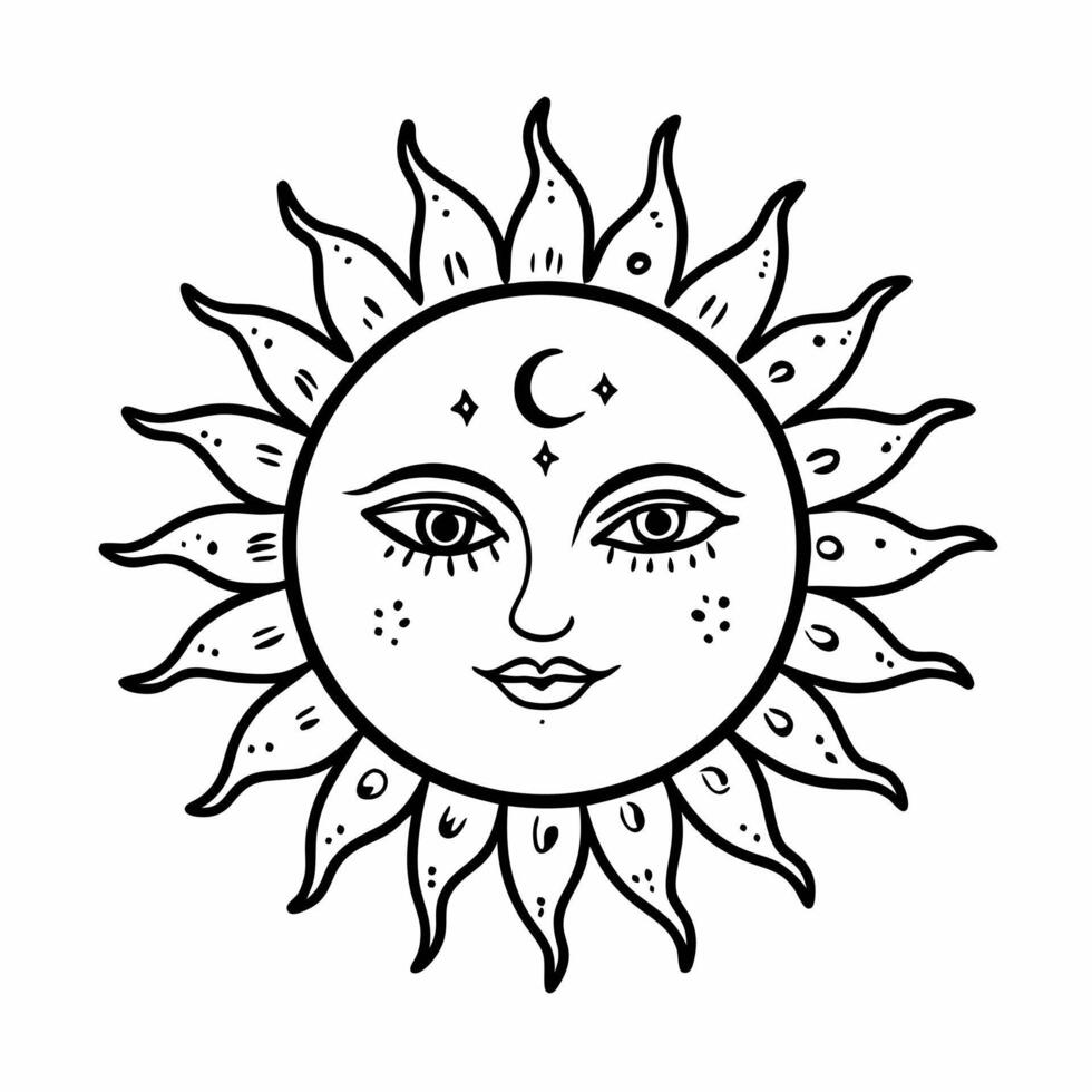 Celestial Sun Face with Crescent Moon and Stars in Black and White Illustration vector