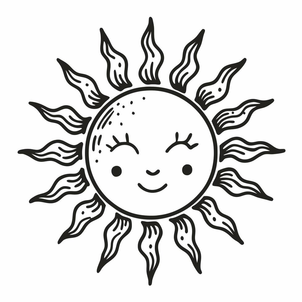 Hand Drawn Smiling Sun Illustration with Cute Face and Radiant Rays vector