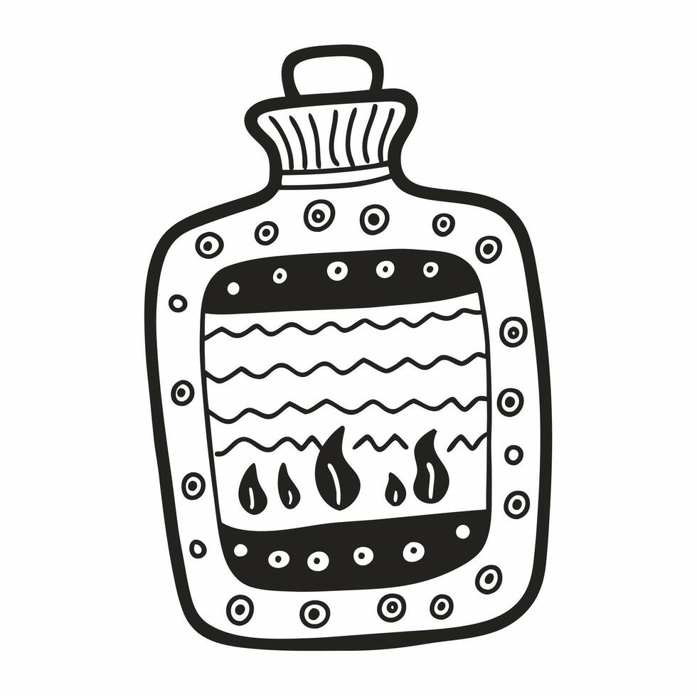 Hand Drawn Flask with Geometric Patterns and Flame Motifs Black and White Illustration vector