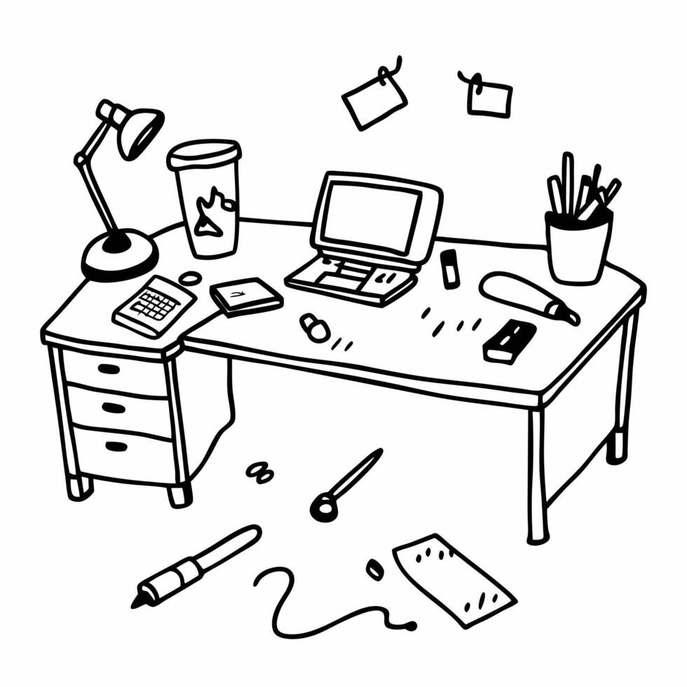 Hand Drawn Messy Office Desk Illustration with Laptop and Stationery vector