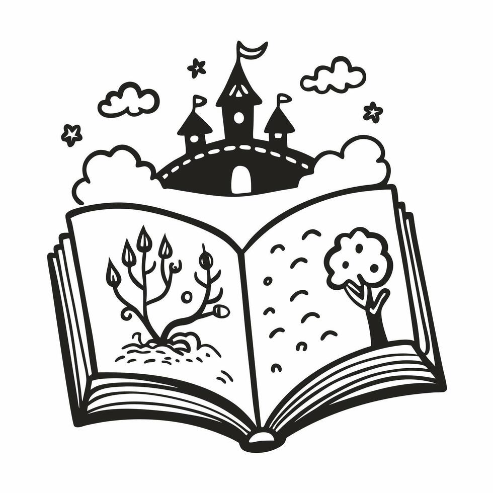 Fantasy Storybook Castle with Trees and Clouds in Monochrome Illustration vector
