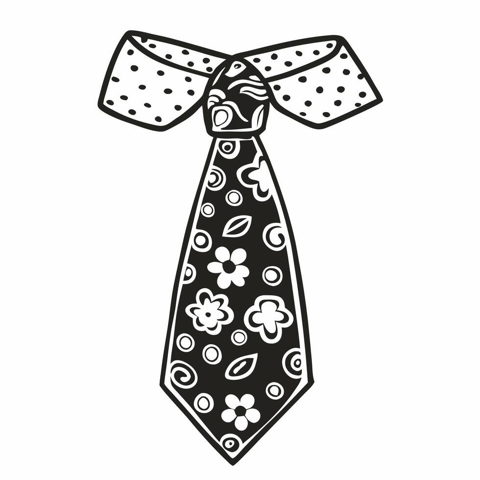 Floral Patterned Tie with Polka Dot Collar Black and White Illustration vector