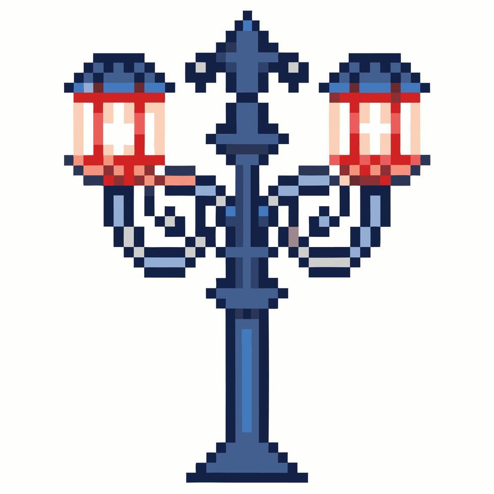 Pixel Art Blue Street Lamp with Red Lanterns Vintage Retro Illustration vector