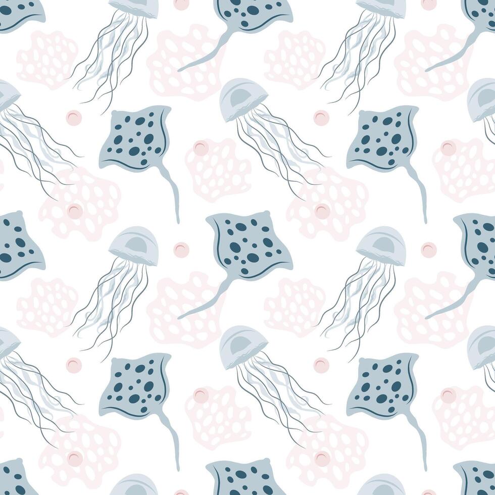 Jellyfish and stingray seamless pattern. Underwater pattern. Childish Pattern for cards, invitations, designs in nautical style vector