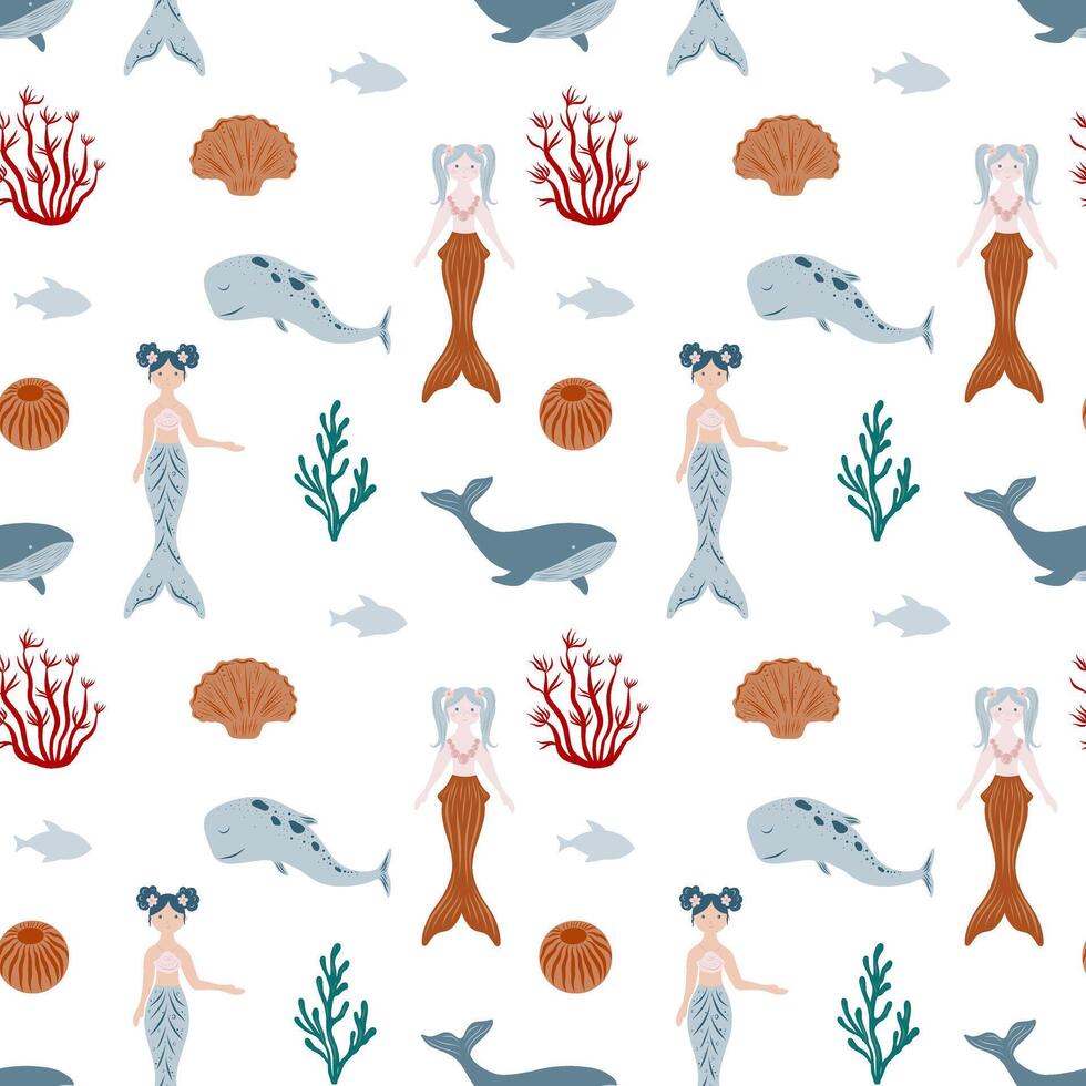 Underwater fairytale seamless pattern. Mermaid, coral, whale, fish. Childish Pattern for cards, invitations, designs in nautical style vector