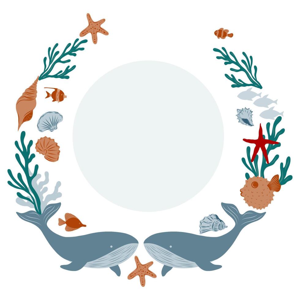 Circle Template with underwater elements . Whale, fugu fish, fish, algae. Marine wreath for posters or nautical borders, background for invitation or greeting cards vector
