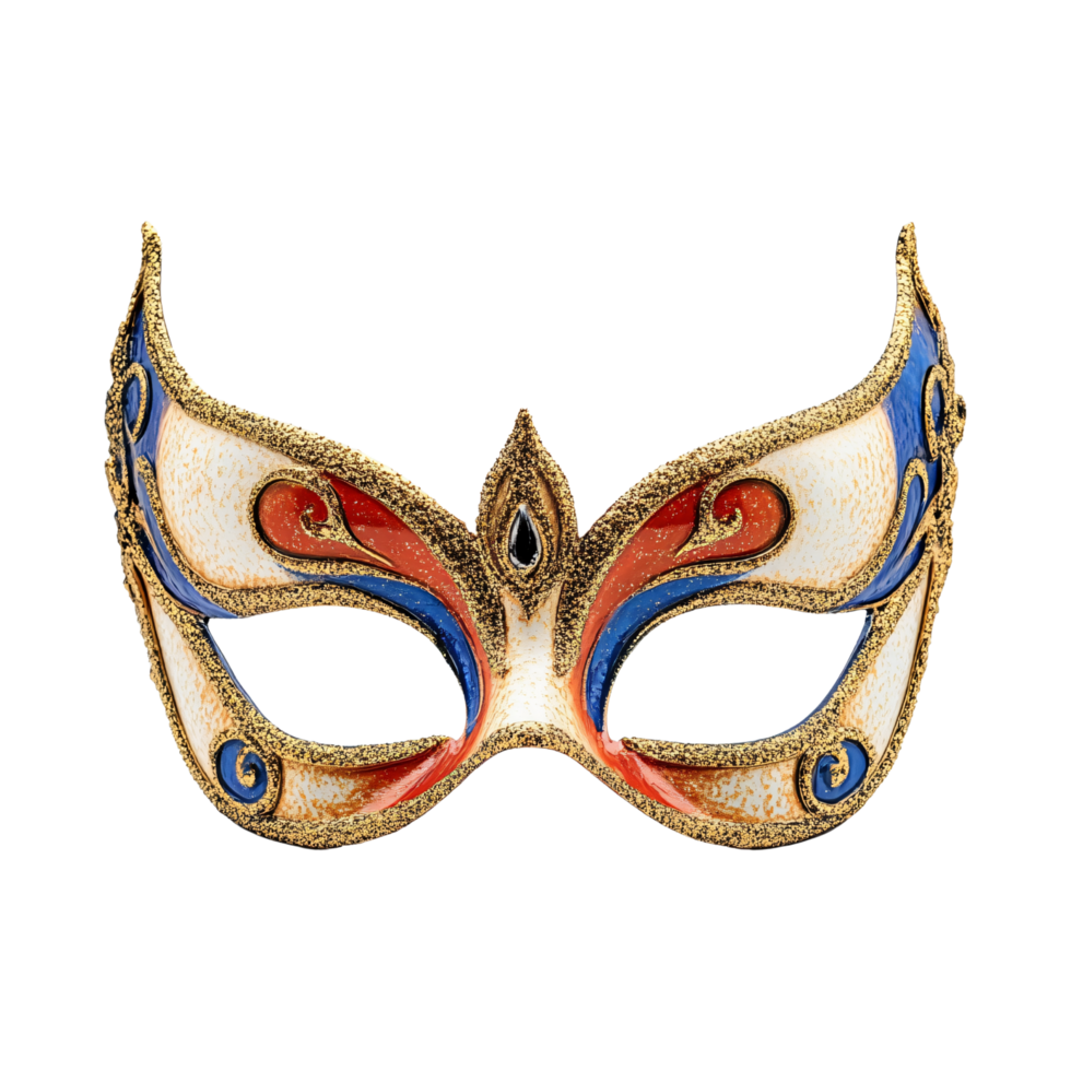 Masquerade carnival mask theatre with intricate gold and blue red ornate decoration isolated on transparent background png