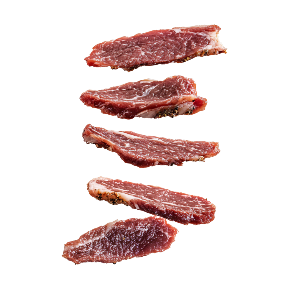 Seasoned red thin slices of dried meat falling mid air isolated on transparent background png