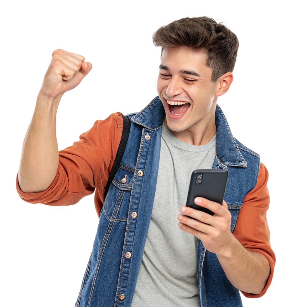 A cheerful young man holding a smartphone in one hand while raising a fist in excitement png