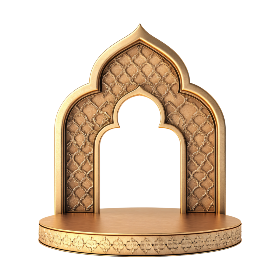 Golden Arabesque arch podium gate with intricate patterns isolated on transparent background png