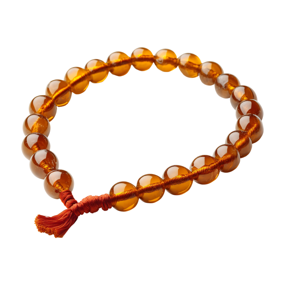 String of amber color Muslim prayer beads with tassel, Misbaha, Tasbih, crescent Ramadan isolated on transparent background png