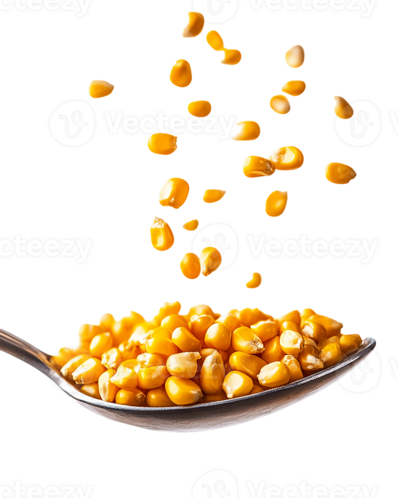 Yellow Corn Kernels Falling onto Silver Spoon on Transparent Background png
