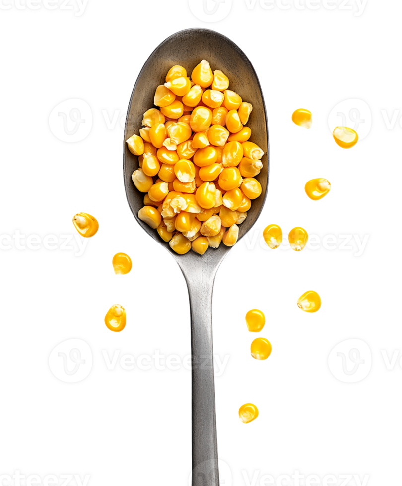 Yellow Corn Kernels on a Silver Spoon Against Transparent Background png
