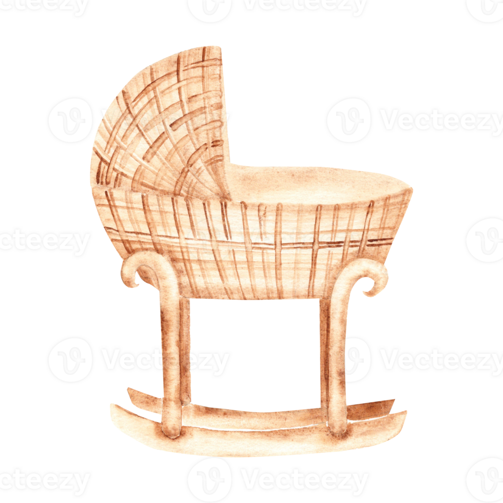 Baby cradle from rattan. Hand drawn Watercolor Crib illustration in eco style. Children's accessory for newborn greeting or birthday cards, baby shower invitations. png