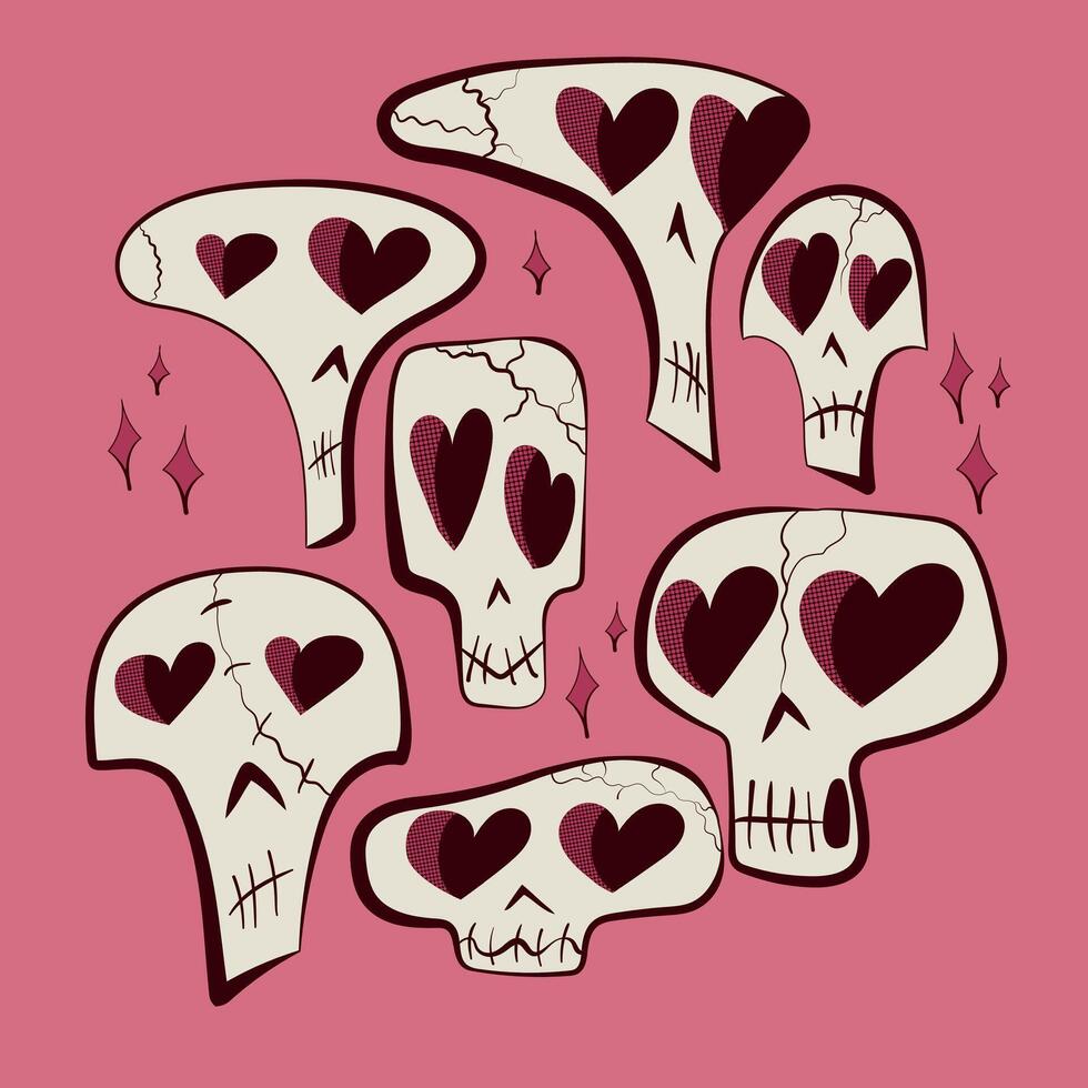 Cartoon Skull Doodle with heart eyes vector