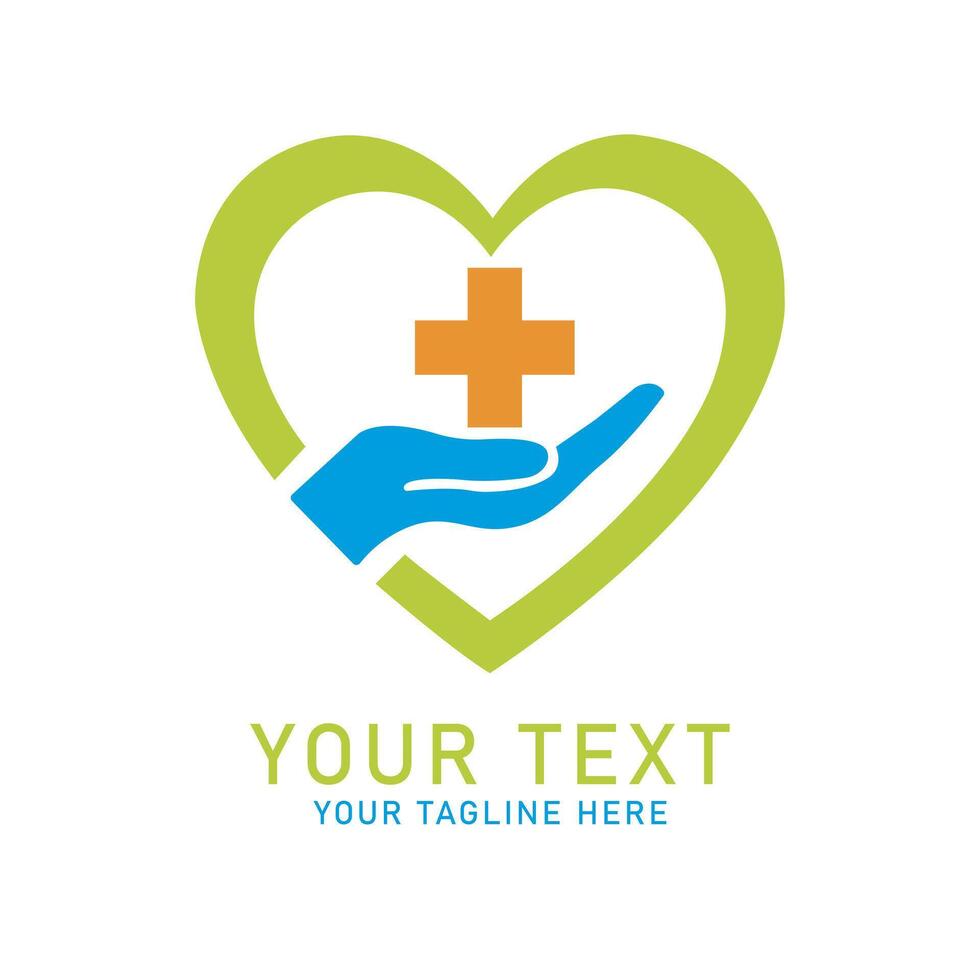 Medical Love Hand Art, Orange Cross, Blue Hand and Green Heart Design, Isolated on White vector