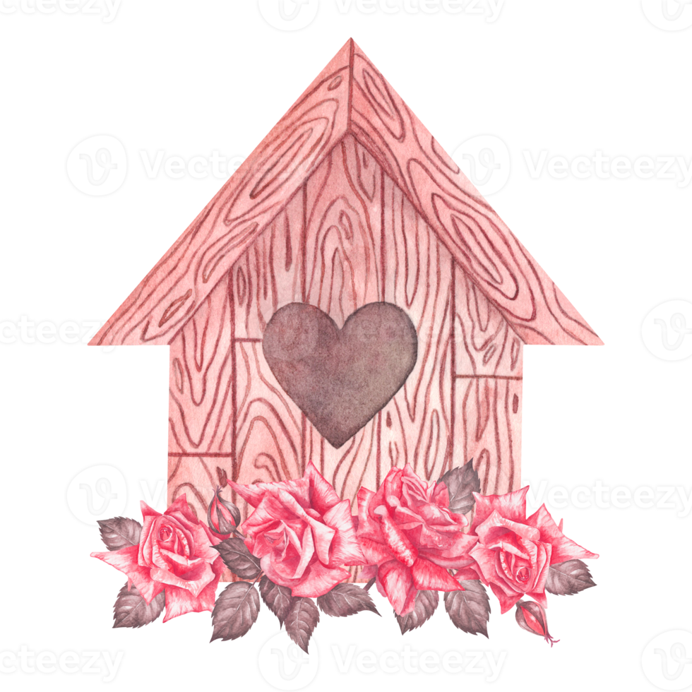 Watercolor illustration in a naive style of a birdhouse or chicken coop. png