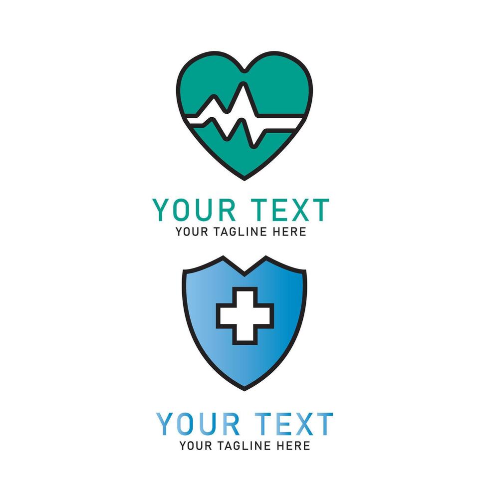 Medical Heart and Shield Logo Art, Green Heartbeat and Blue Shield Cross Design, Two Variations Isolated on White vector