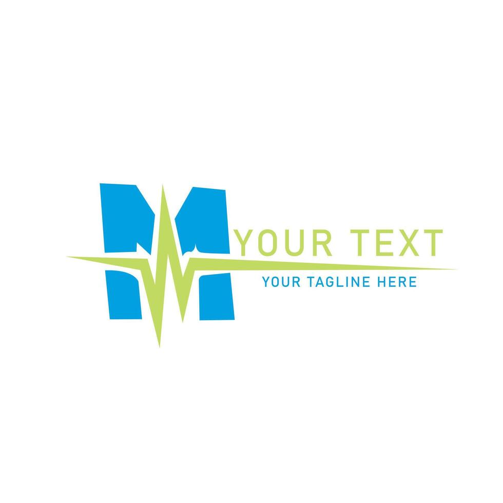 Letter M Heartbeat Logo Art, Blue M with Green Pulse Design, Isolated on White vector