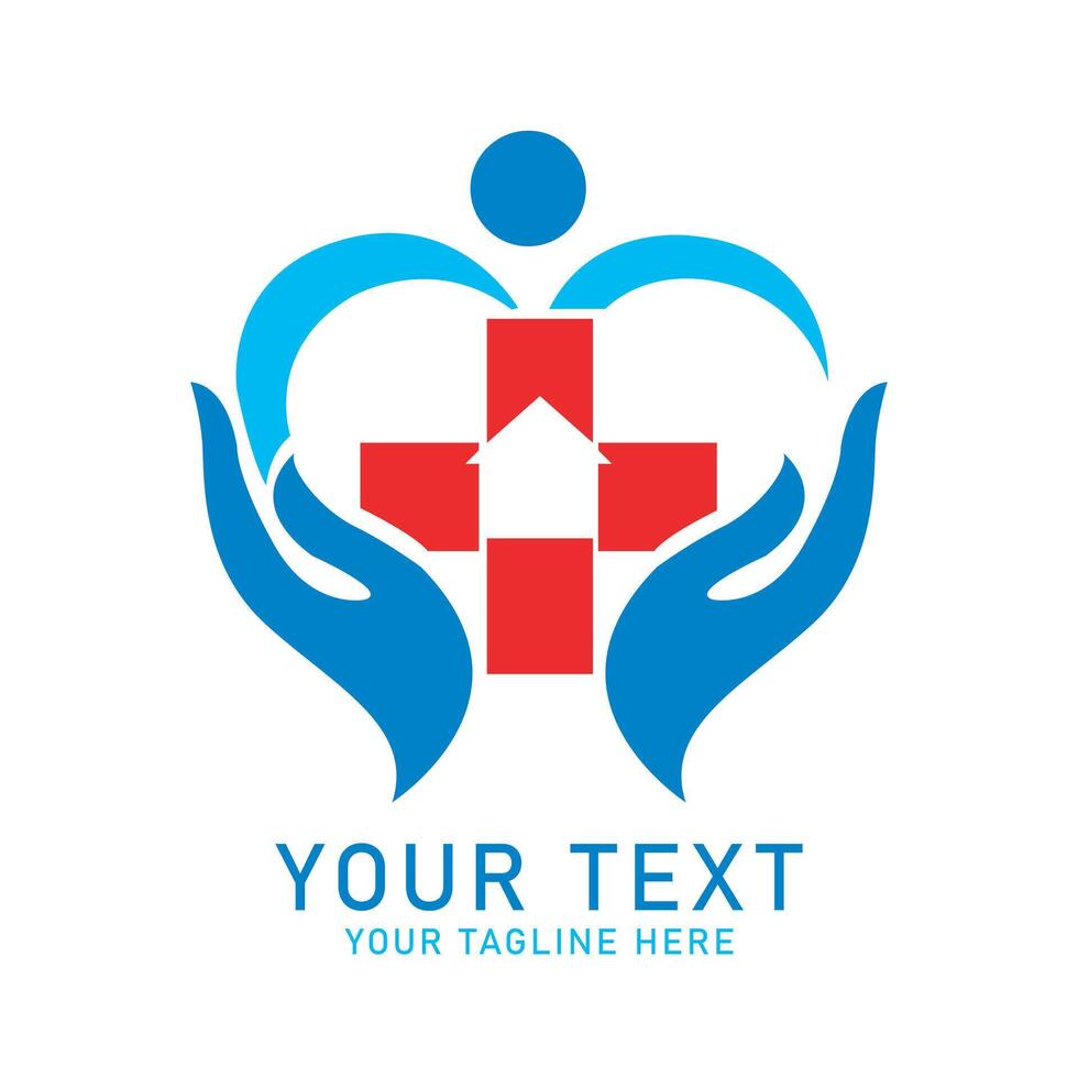 Medical Care Hands Logo Art, Blue Hands, Red Cross, White House and Person Design, Isolated on White vector